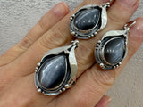 Silver 925 Earrings Ring gray tiger eye