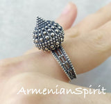 Introducing our unique one-of-a-kind silver jewelry, featuring a beautifully crafted dome ring with delicate peackles. Perfect for the goth woman in your life, this uncommon piece makes a thoughtful gift. Shop now for this exclusive item, available only online at our Armenian Spirit online stores..