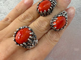 Expertly crafted, this high quality jewelry features large stamped sterling silver 925 pieces. The bright orange-red agate natural gem adds a unique touch to this one of a kind artisan jewelry. Perfect for vintage lovers, these statement ring and earrings make great gifts. Buy retro jewelry matchig to orange vintage dress.