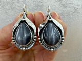 Silver 925 Earrings Ring gray tiger eye