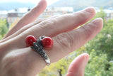 Ring black sterling silver 925 with marcasites and red lab coral