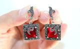 Emerald green stone Earrings ring Marcasite STERLING SILVER 925