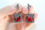 Emerald green stone Earrings ring Marcasite STERLING SILVER 925