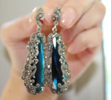 Silver earrings marcasite Blue topaz long dangle earrings