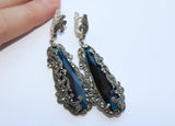 Silver earrings marcasite Blue topaz long dangle earrings