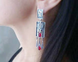 Earrings very long with pomegranate with red oval stone
