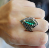 Silver 925 RING marcasite pointed rings for women Emerald green lab topaz