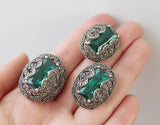 Marcasite emerald green lab topaz earring and ring STERLING SILVER 925