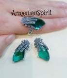 Emerald green stone earrings and ring Marcasite STERLING SILVER 925