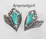 Silver 925 RING marcasite pointed rings for women Emerald green lab topaz