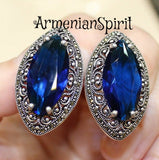 Royal blue stone earrings SILVER 925 marcasite jewelry