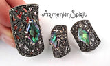 Rainbow topaz Marcasite Large full finger Ring SILVER 925 Chameleon Jewelry T