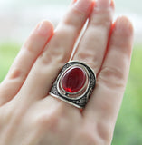 Garnet jewelry Set SILVER Red Tribal earring and ring Bohemian