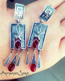 Earrings very long with pomegranate with red oval stone