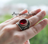 Garnet jewelry Set SILVER Red Tribal earring and ring Bohemian