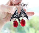 Garnet jewelry Set SILVER Red Tribal earring and ring Bohemian