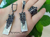 Silver set 925 very long Earrings and ring black