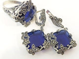 Royal blue earrings rich marcasite Dangle earring STERLING SILVER 925