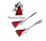 Silver 925 set Very long earrings and Ring Faux stone Burnt orange