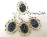 Silver 925 set Druse Ring Earrings and Pendant Natural gemstone