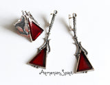 Silver 925 set Very long earrings and Ring Faux stone Burnt orange