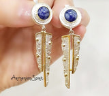 Gold and silver earrings Natural blue lapis lazuli very long earring