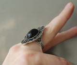 Silver 925 jewelry set with oval cabochon black onyx stone