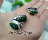 Gold and silver 925 Ring Malachite stone Natural gemstone Green cabochon