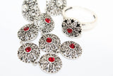 Silver 925 SET long earrings and ring SILVER 925 zircon red stone Flowers