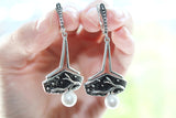 Oxidized Silver 925 jewelry set White pearl Long Earrings and Ring