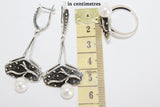 Oxidized Silver 925 jewelry set White pearl Long Earrings and Ring