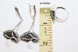 Oxidized Silver 925 jewelry set White pearl Long Earrings and Ring