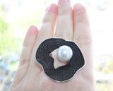 Large earrings ring and pendant with big white artificial pearl Flower