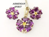 Set forget me not purple flower violet  Stud earrings and pendant Silver 925