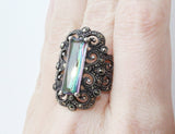 Jewelry ring with green nacreous stone Marcasite jewelry STERLING 925