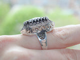 Silver 925 Big Ring with navy blue lab topaz and white zircon stones Rectangle