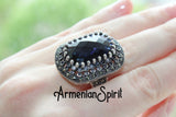 Silver 925 Big Ring with navy blue lab topaz and white zircon stones Rectangle