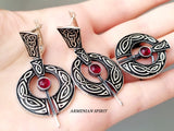 Jewelry Silver 925 EARRINGS round oxidized Black with red garnet stone