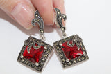 Silver small dangle earrings bright red stone Marcasite SILVER 925