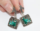 Emerald green stone Earrings ring Marcasite STERLING SILVER 925
