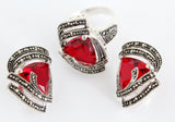 Red topaz marcasite SET ring and earrings Sterling silver 925