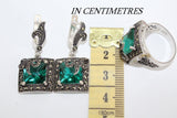 Emerald green stone Earrings ring Marcasite STERLING SILVER 925
