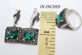 Emerald green stone Earrings ring Marcasite STERLING SILVER 925