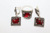 Silver small dangle earrings bright red stone Marcasite SILVER 925
