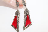 Long big earrings dangles with a bow detail red lab topaz stone Marcasite STERLING 925