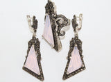 Silver Jewelry set earrings ring bow pink lab topaz Marcasite STERLING 925