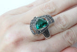 Emerald green stone set Small marcasite earrings and ring Sterling silver 925