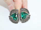Emerald green stone Small marcasite earrings Sterling silver 925
