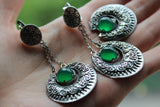 Earrings with chains big round Jadeite gemstone green Sterling Silver 925