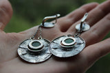 Earrings with chains big round Jadeite gemstone green Sterling Silver 925
